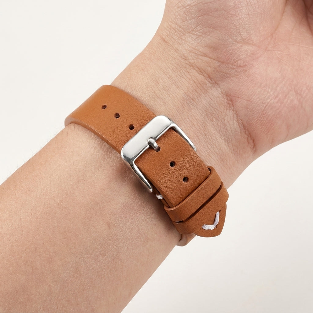 Boshek Tan Genuine Leather Watch Strap – Silver Buckle, Quick-Release|FS325