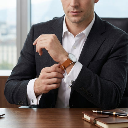 Boshek Tan Genuine Leather Watch Strap – Silver Buckle, Quick-Release|FS325