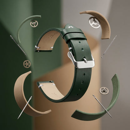 Boshek Green Genuine Leather Watch Strap – Silver Buckle, Quick-Release|FS325