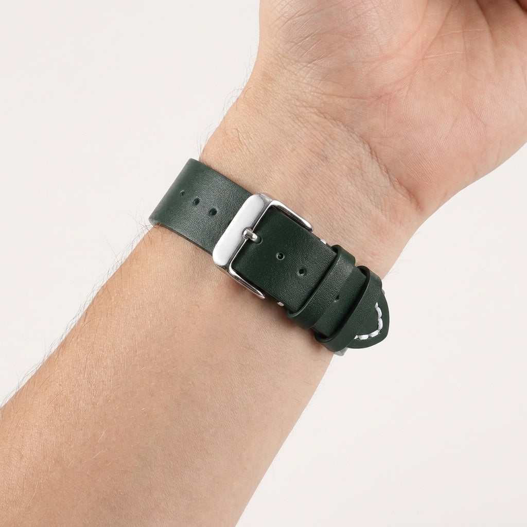 Boshek Green Genuine Leather Watch Strap – Silver Buckle, Quick-Release|FS325