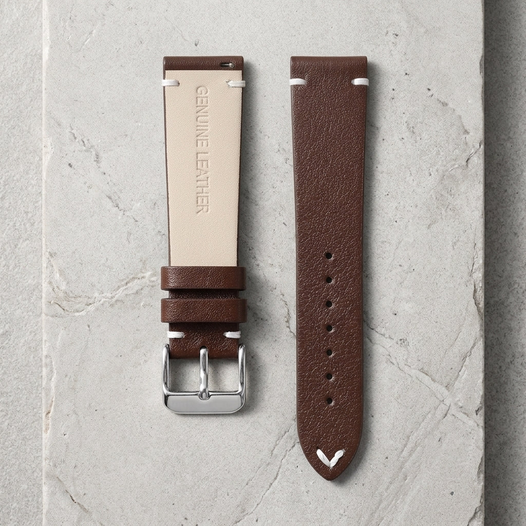 Boshek Brown Genuine Leather Watch Strap – Silver Buckle, Quick-Release|FS325