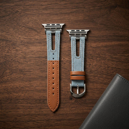 OMAX Light Blue Denim Apple Watch Strap | Genuine Leather Hybrid Band| Stainless Steel Buckle | Compatible with Apple Watch Ultra, Series 10, 9, 8, 7, 6, SE