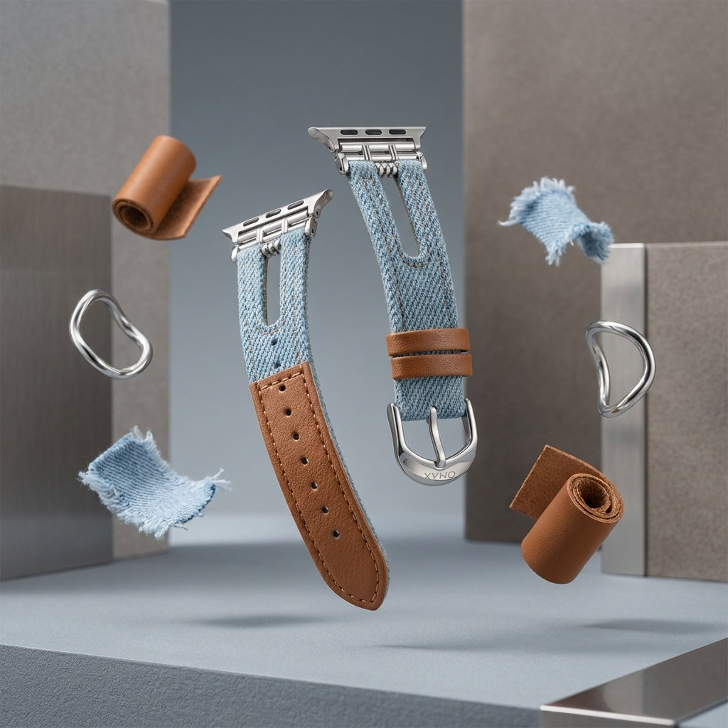 OMAX Light Blue Denim Apple Watch Strap | Genuine Leather Hybrid Band| Stainless Steel Buckle | Compatible with Apple Watch Ultra, Series 10, 9, 8, 7, 6, SE