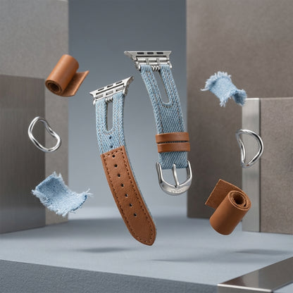 OMAX Light Blue Denim Apple Watch Strap | Genuine Leather Hybrid Band| Stainless Steel Buckle | Compatible with Apple Watch Ultra, Series 10, 9, 8, 7, 6, SE