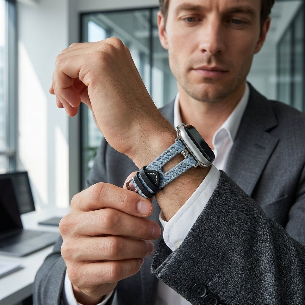 OMAX Light Blue Denim & Black Leather Apple Watch Strap | Premium Hybrid Band| Stainless Steel Buckle | Compatible with Apple Watch Ultra, Series 10, 9, 8, 7, 6 & SE