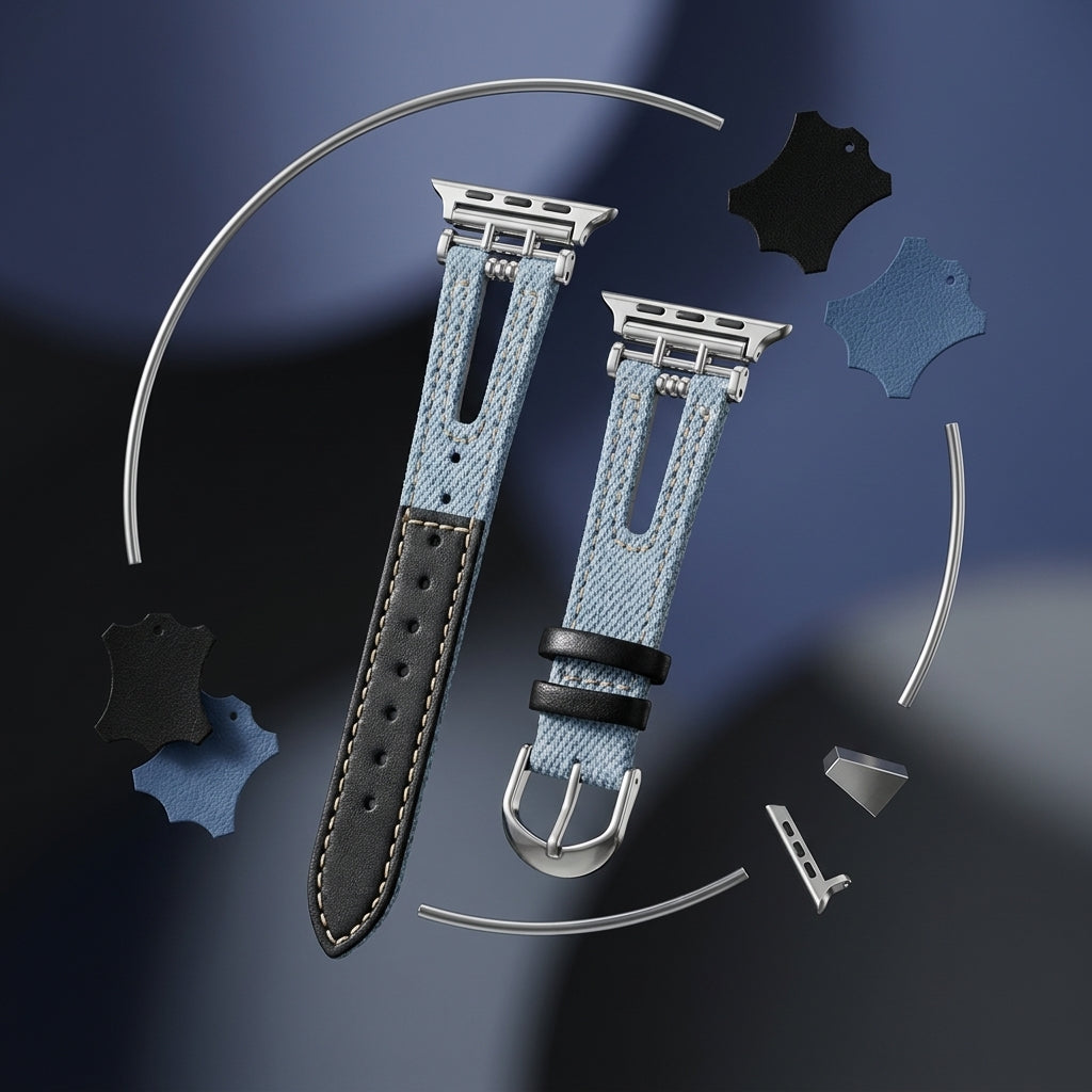 OMAX Light Blue Denim & Black Leather Apple Watch Strap | Premium Hybrid Band| Stainless Steel Buckle | Compatible with Apple Watch Ultra, Series 10, 9, 8, 7, 6 & SE