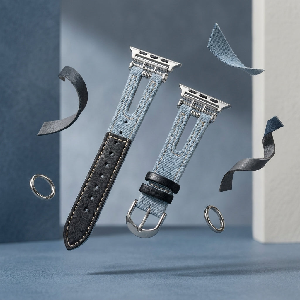 OMAX Light Blue Denim & Black Leather Apple Watch Strap | Premium Hybrid Band| Stainless Steel Buckle | Compatible with Apple Watch Ultra, Series 10, 9, 8, 7, 6 & SE