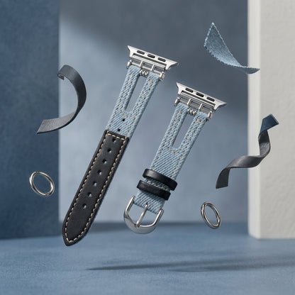 OMAX Light Blue Denim & Black Leather Apple Watch Strap | Premium Hybrid Band| Stainless Steel Buckle | Compatible with Apple Watch Ultra, Series 10, 9, 8, 7, 6 & SE