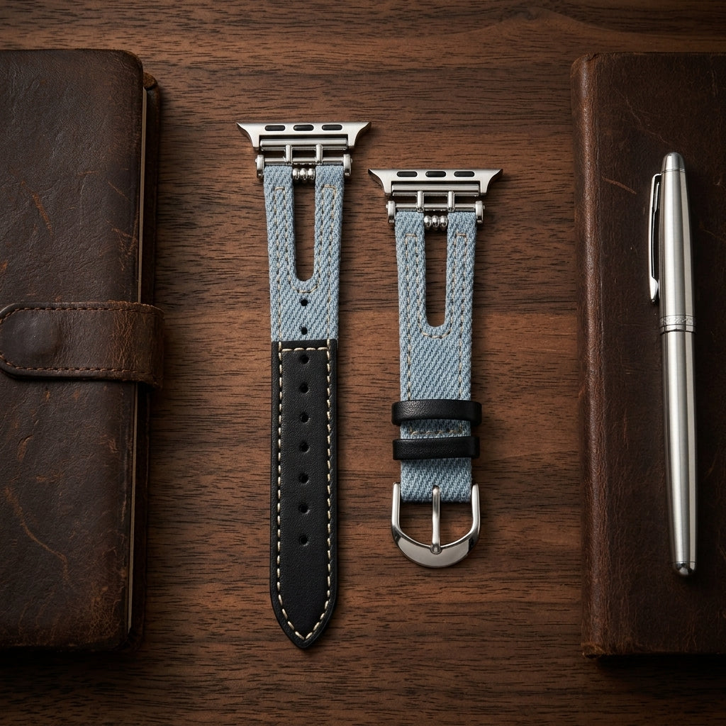 OMAX Light Blue Denim & Black Leather Apple Watch Strap | Premium Hybrid Band| Stainless Steel Buckle | Compatible with Apple Watch Ultra, Series 10, 9, 8, 7, 6 & SE