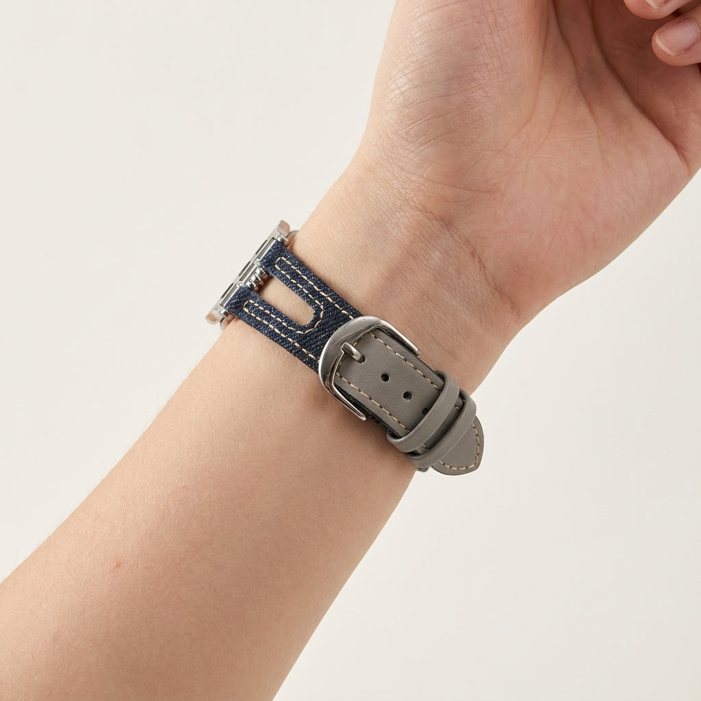 OMAX Dark Blue Denim & Grey Leather Apple Watch Strap | Premium Hybrid Band| Stainless Steel Buckle | Compatible with Apple Watch Ultra, Series 10, 9, 8, 7, 6 & SE