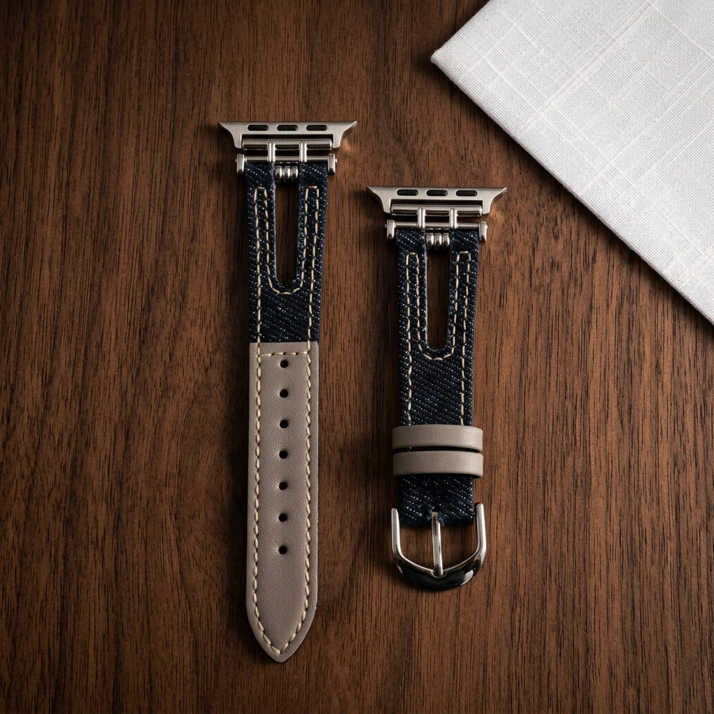 OMAX Dark Blue Denim & Grey Leather Apple Watch Strap | Premium Hybrid Band| Stainless Steel Buckle | Compatible with Apple Watch Ultra, Series 10, 9, 8, 7, 6 & SE
