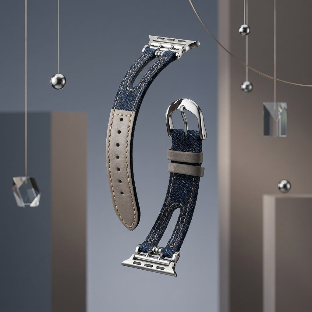 OMAX Dark Blue Denim & Grey Leather Apple Watch Strap | Premium Hybrid Band| Stainless Steel Buckle | Compatible with Apple Watch Ultra, Series 10, 9, 8, 7, 6 & SE
