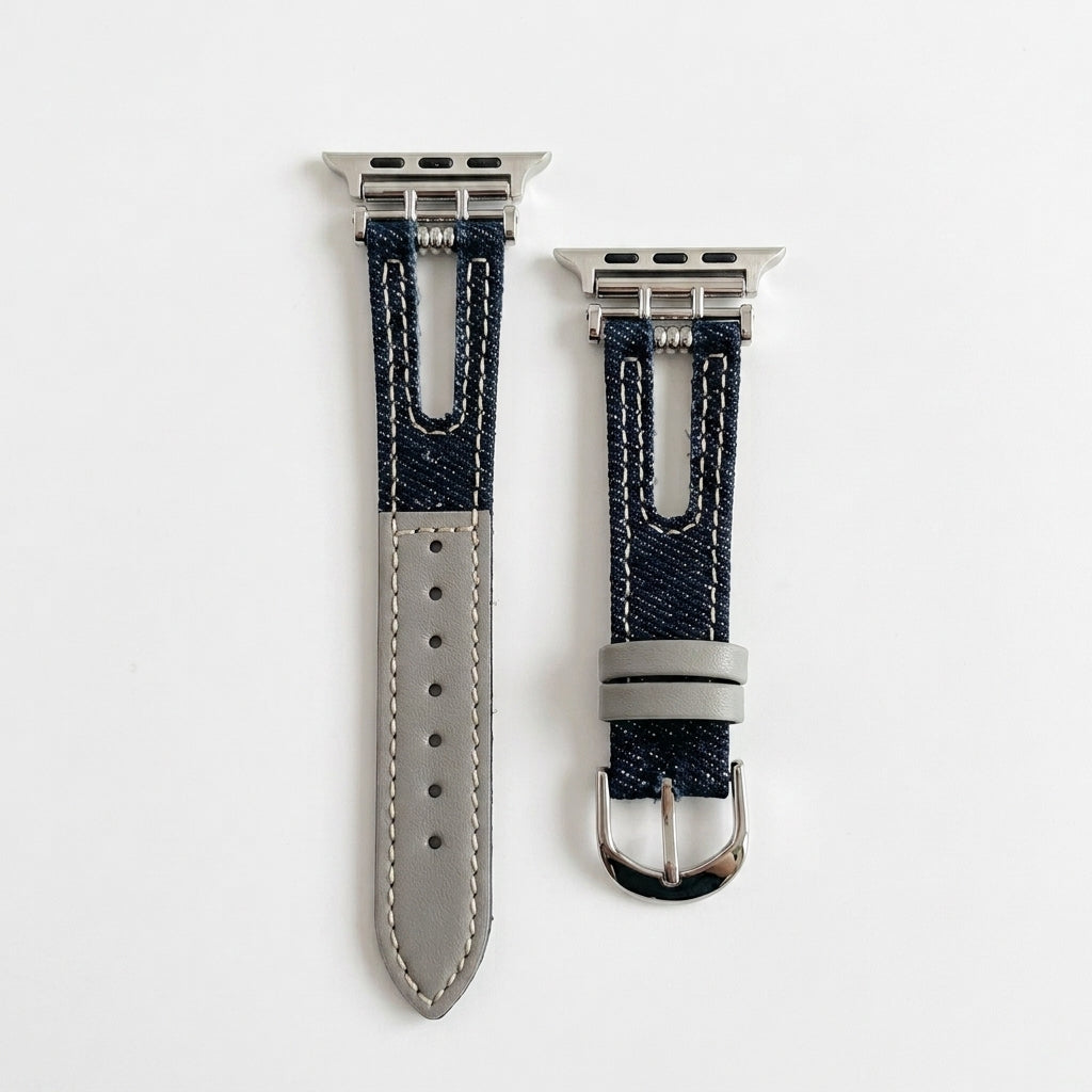 OMAX Dark Blue Denim & Grey Leather Apple Watch Strap | Premium Hybrid Band| Stainless Steel Buckle | Compatible with Apple Watch Ultra, Series 10, 9, 8, 7, 6 & SE
