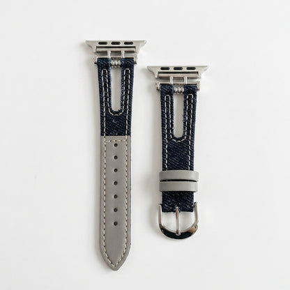 OMAX Dark Blue Denim & Grey Leather Apple Watch Strap | Premium Hybrid Band| Stainless Steel Buckle | Compatible with Apple Watch Ultra, Series 10, 9, 8, 7, 6 & SE