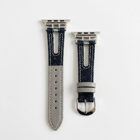 OMAX Dark Blue Denim & Grey Leather Apple Watch Strap | Premium Hybrid Band| Stainless Steel Buckle | Compatible with Apple Watch Ultra, Series 10, 9, 8, 7, 6 & SE