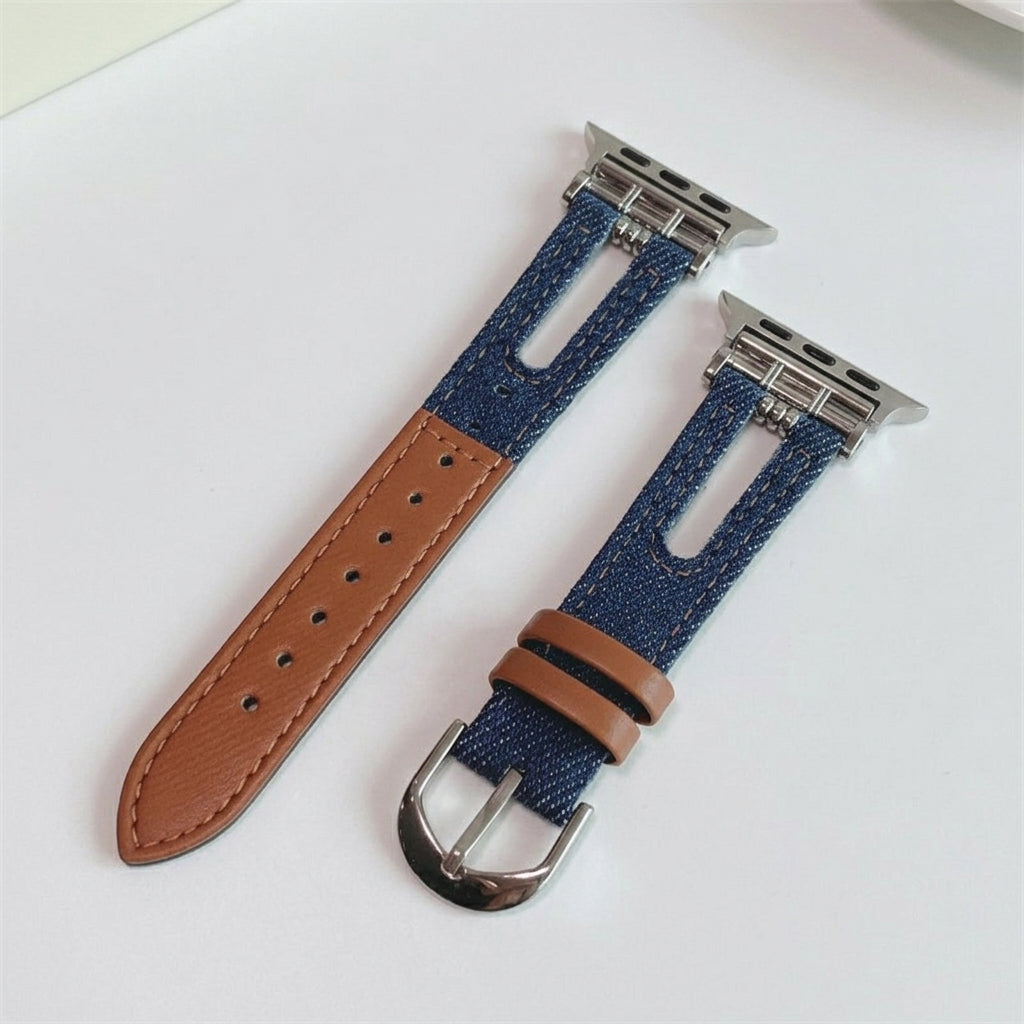 OMAX Apple Watch Denim Leather Strap | Genuine Leather Hybrid Band| Stainless Steel Buckle | Compatible with Apple Watch Series Ultra, 10, 9, 8, 7, 6, 5, 4, SE