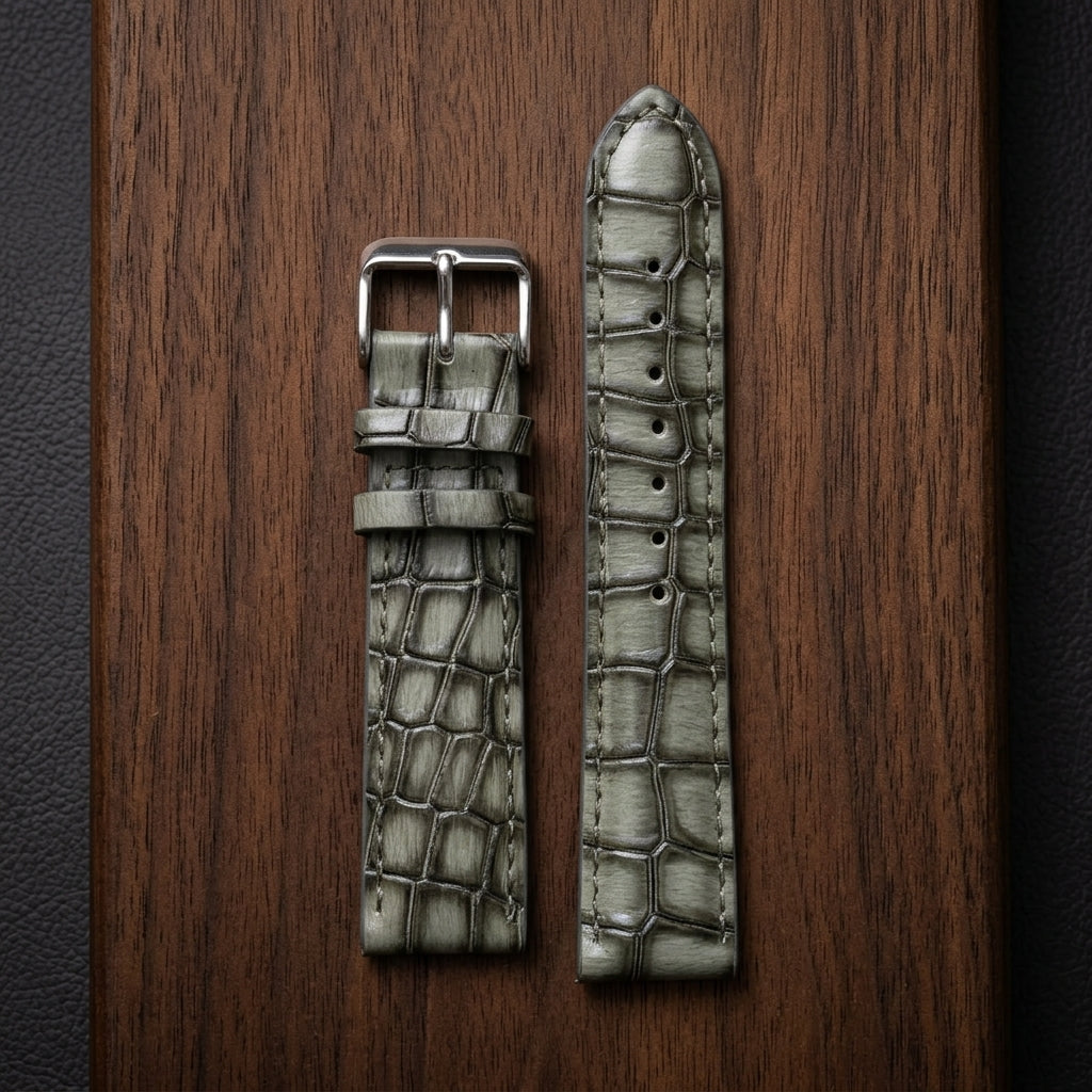OMAX 20mm Grey Genuine Leather Watch Strap with Croco Embossed Texture | Stainless Steel Buckle | Quick Release