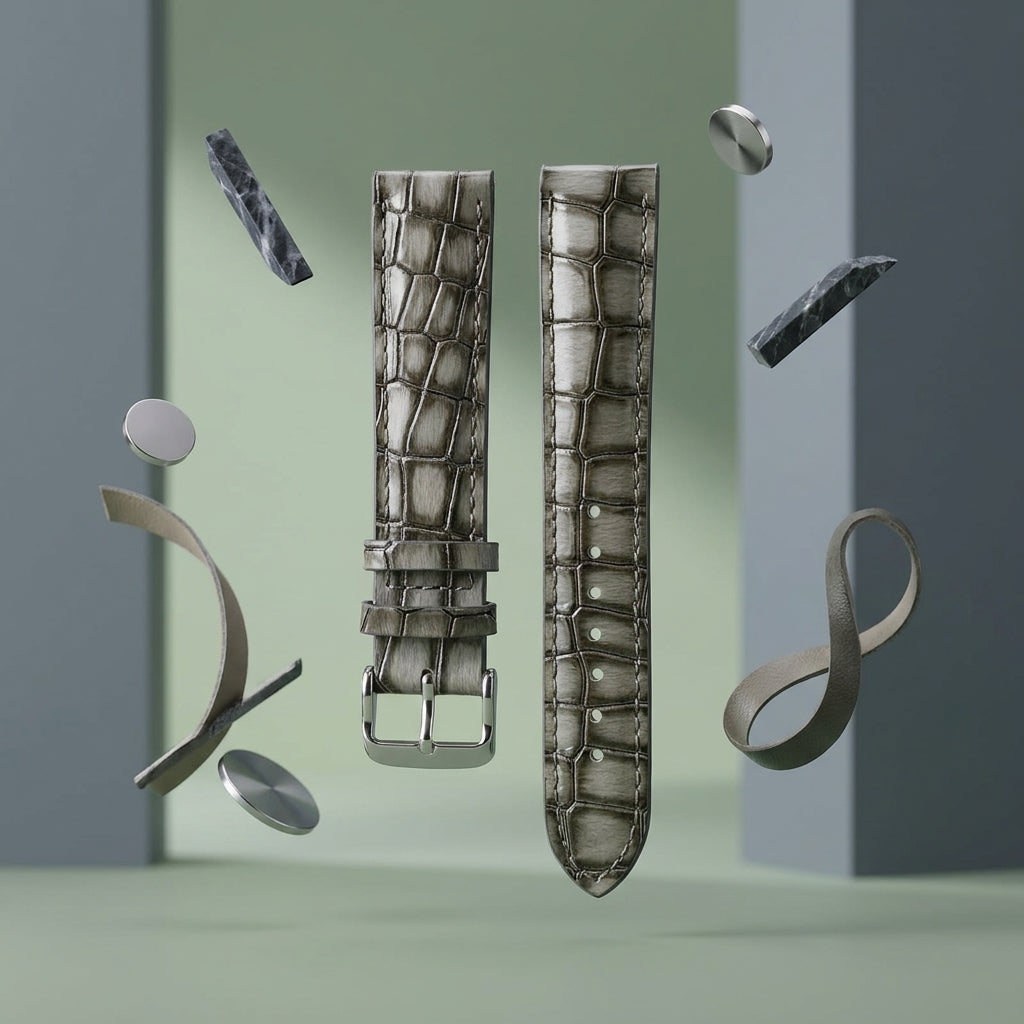 OMAX 20mm Grey Genuine Leather Watch Strap with Croco Embossed Texture | Stainless Steel Buckle | Quick Release