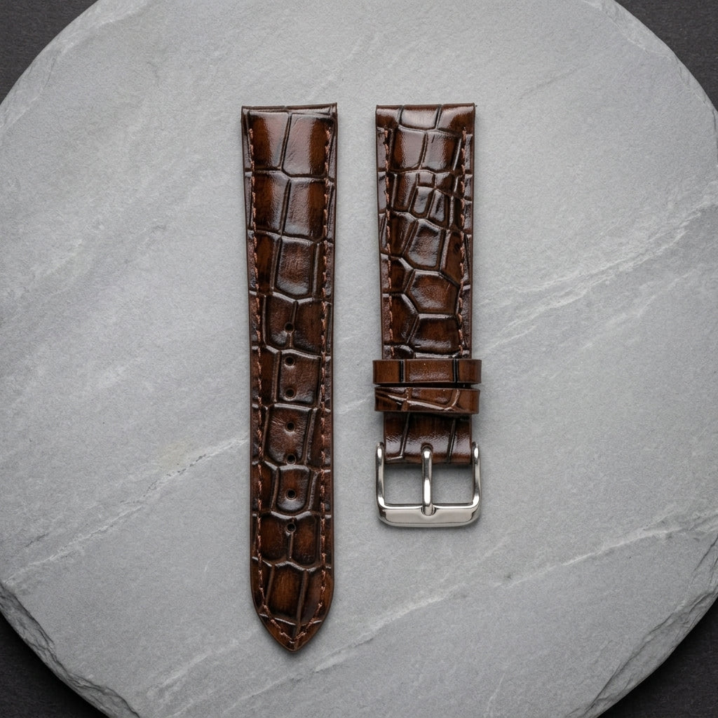 OMAX 20mm Dark Brown Genuine Leather Watch Strap with Croco Embossed Texture | Stainless Steel Buckle | Quick Release
