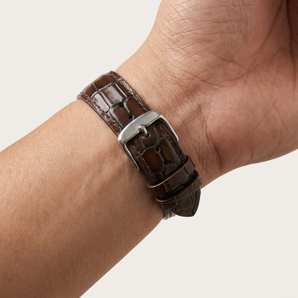 OMAX 20mm Dark Brown Genuine Leather Watch Strap with Croco Embossed Texture | Stainless Steel Buckle | Quick Release