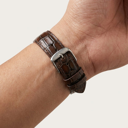 OMAX 20mm Dark Brown Genuine Leather Watch Strap with Croco Embossed Texture | Stainless Steel Buckle | Quick Release