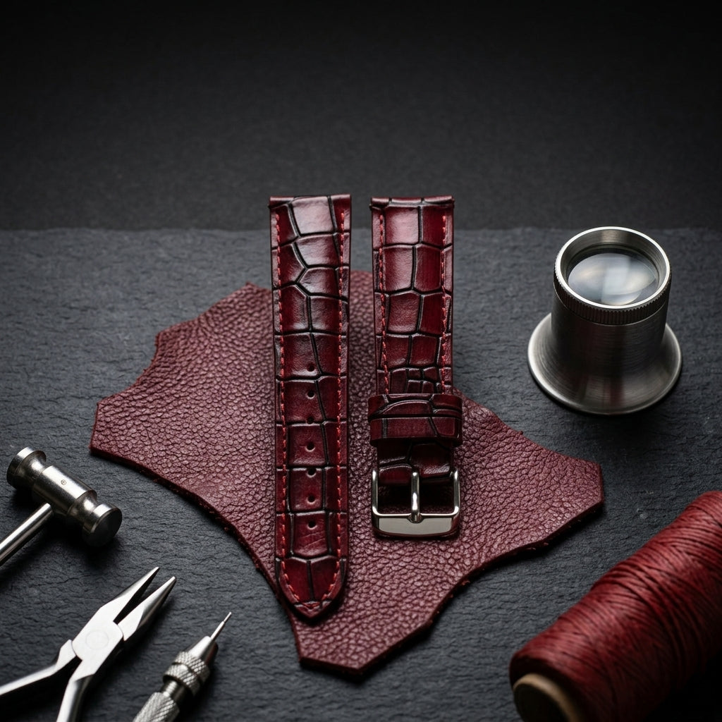 OMAX 20mm Red Genuine Leather Watch Strap with Croco Embossed Texture | Stainless Steel Buckle | Quick Release