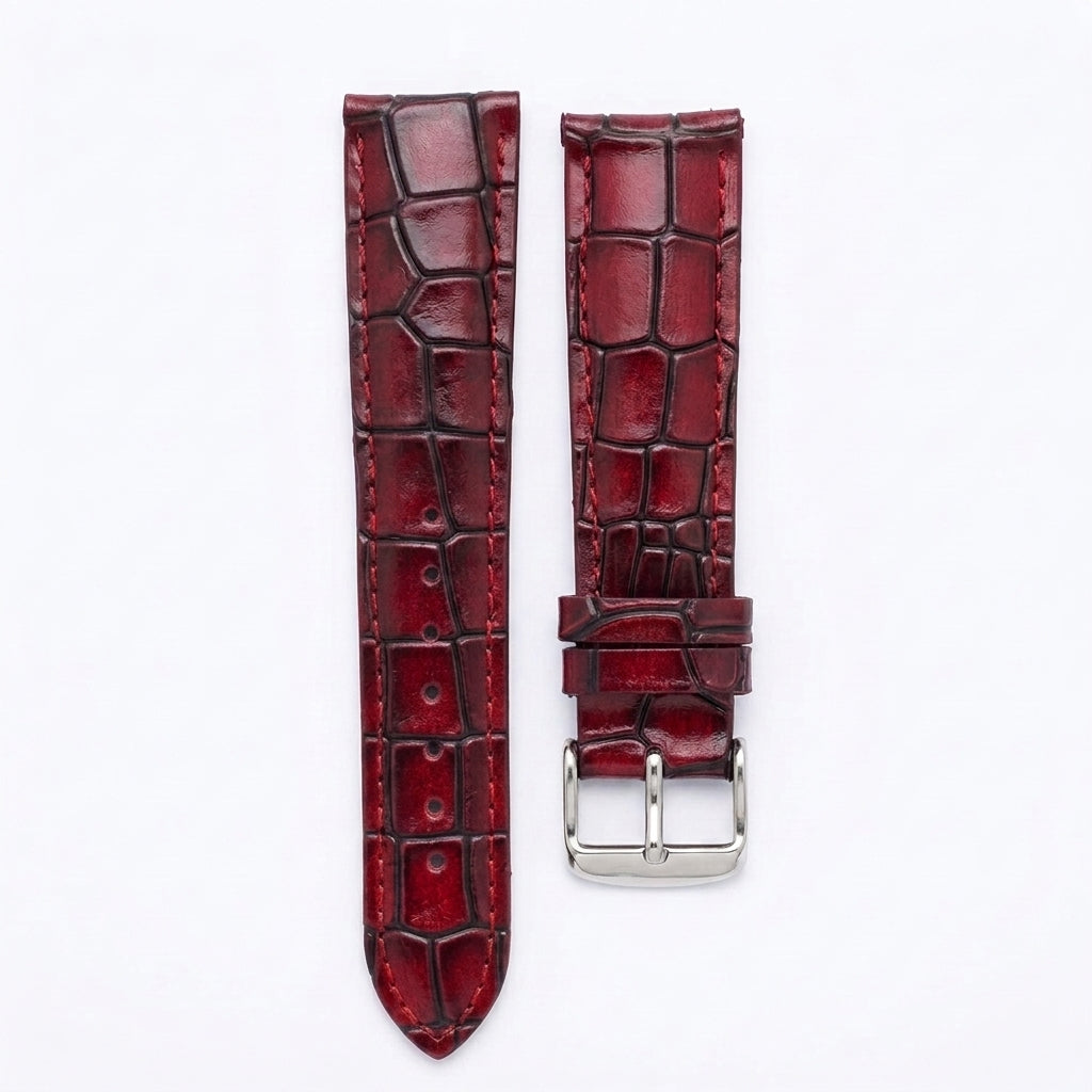OMAX 20mm Red Genuine Leather Watch Strap with Croco Embossed Texture | Stainless Steel Buckle | Quick Release