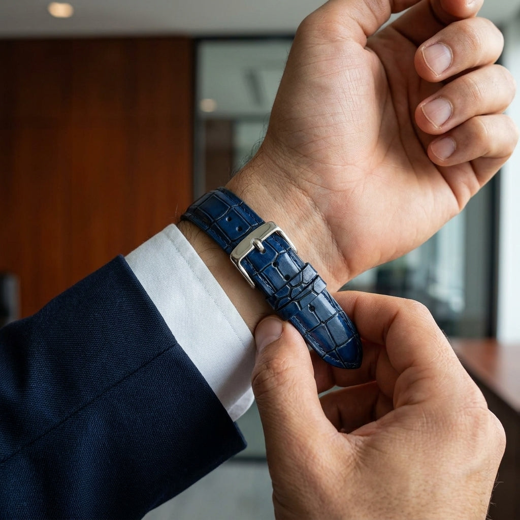 OMAX 20mm Blue Genuine Leather Watch Strap with Croco Embossed Texture | Stainless Steel Buckle | Quick Release