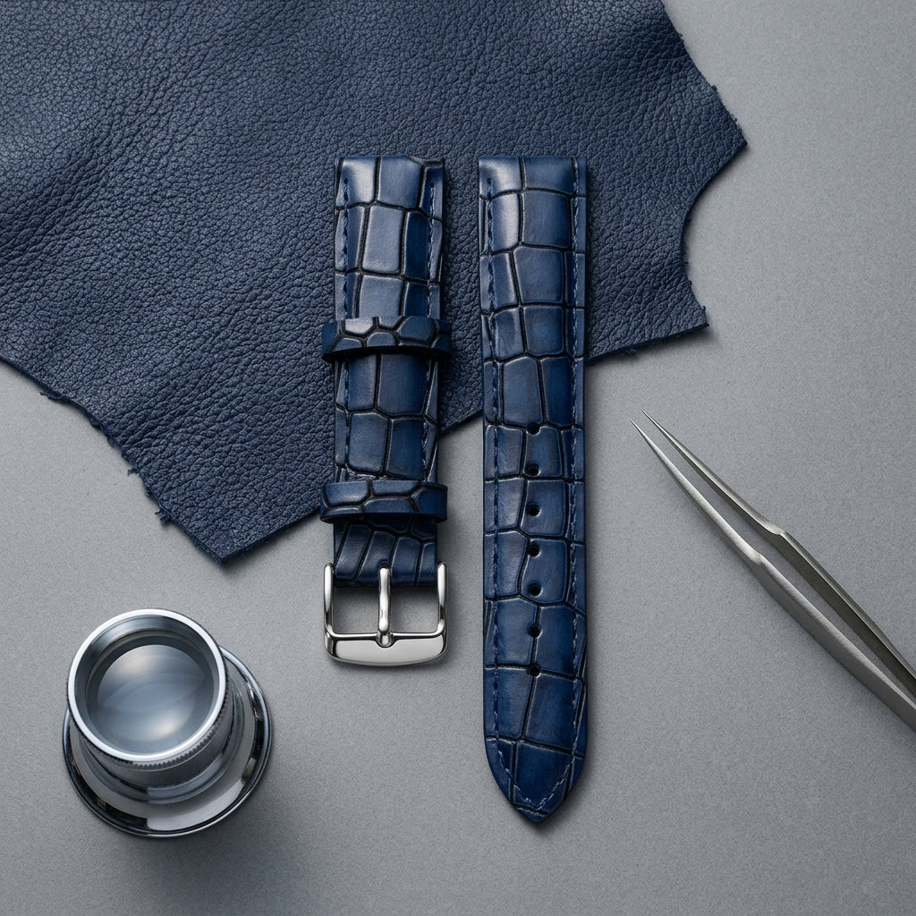 OMAX 20mm Blue Genuine Leather Watch Strap with Croco Embossed Texture | Stainless Steel Buckle | Quick Release