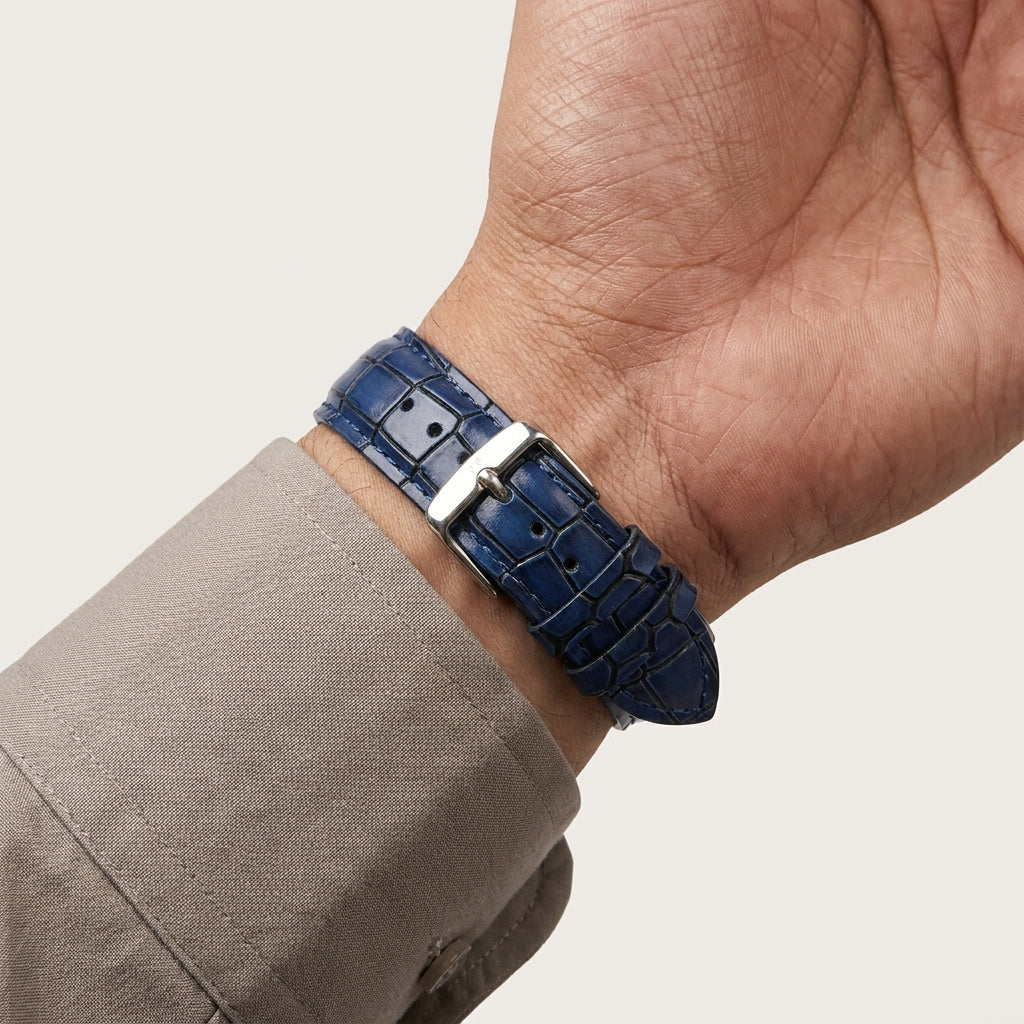 OMAX 20mm Blue Genuine Leather Watch Strap with Croco Embossed Texture | Stainless Steel Buckle | Quick Release