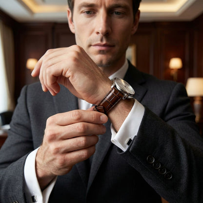 OMAX 20mm Dark Brown Genuine Leather Watch Strap with Croco Embossed Texture | Stainless Steel Buckle | Quick Release