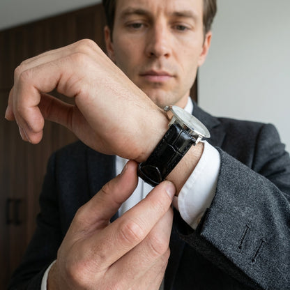 OMAX 20mm Black Genuine Leather Watch Strap with Croco Embossed Texture | Stainless Steel Buckle | Quick Release