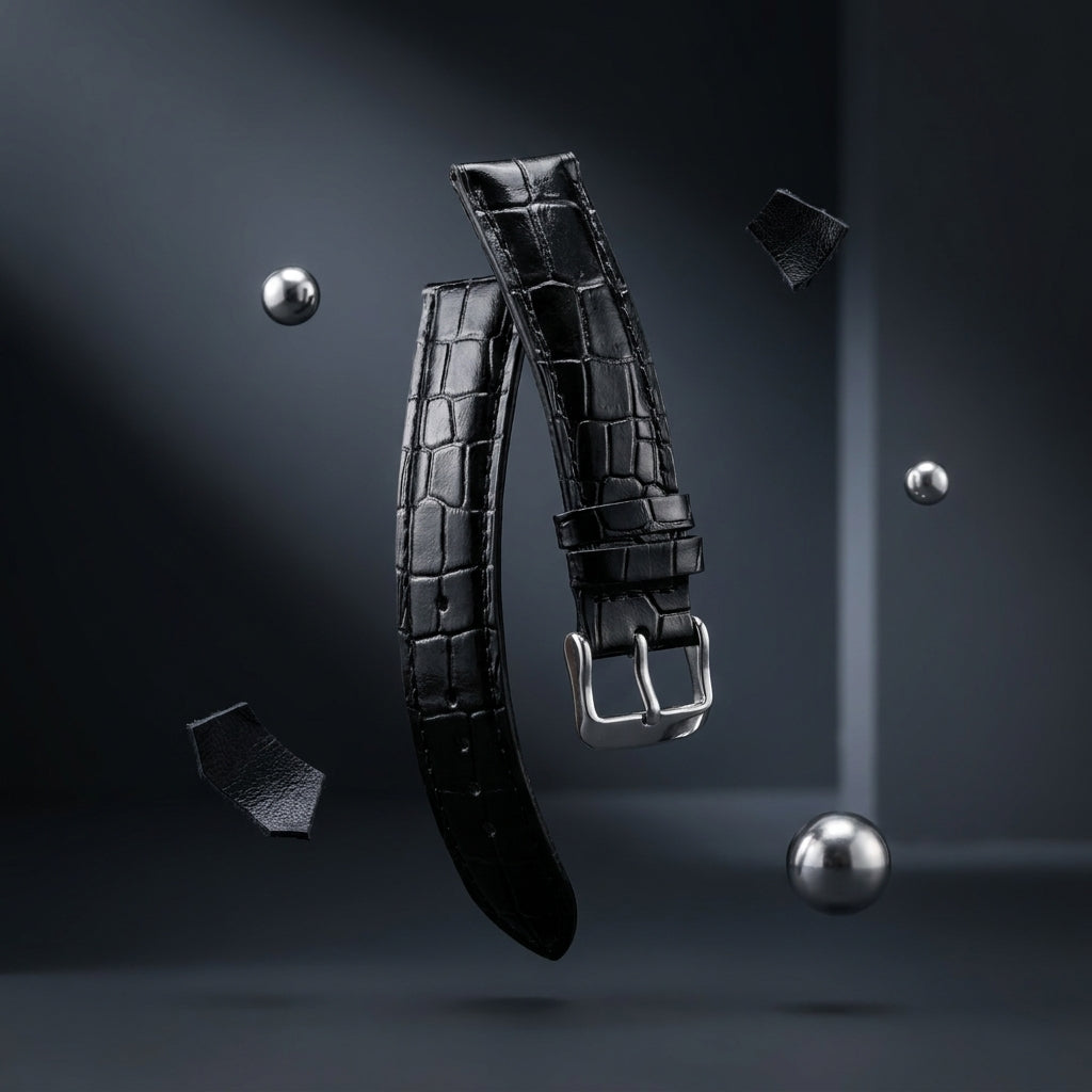 OMAX 20mm Black Genuine Leather Watch Strap with Croco Embossed Texture | Stainless Steel Buckle | Quick Release