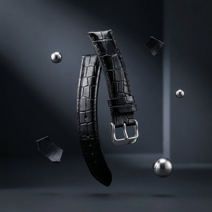 OMAX 20mm Black Genuine Leather Watch Strap with Croco Embossed Texture | Stainless Steel Buckle | Quick Release