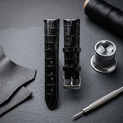 OMAX 20mm Black Genuine Leather Watch Strap with Croco Embossed Texture | Stainless Steel Buckle | Quick Release