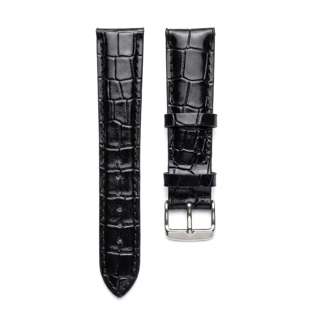 OMAX 20mm Black Genuine Leather Watch Strap with Croco Embossed Texture | Stainless Steel Buckle | Quick Release