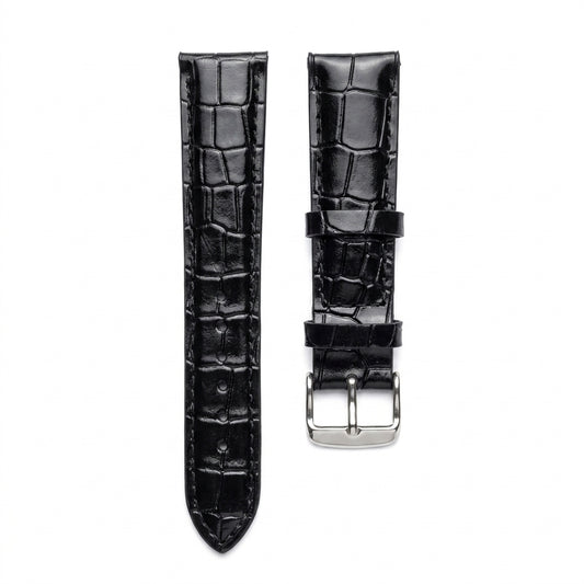 OMAX 20mm Black Genuine Leather Watch Strap with Croco Embossed Texture | Stainless Steel Buckle | Quick Release