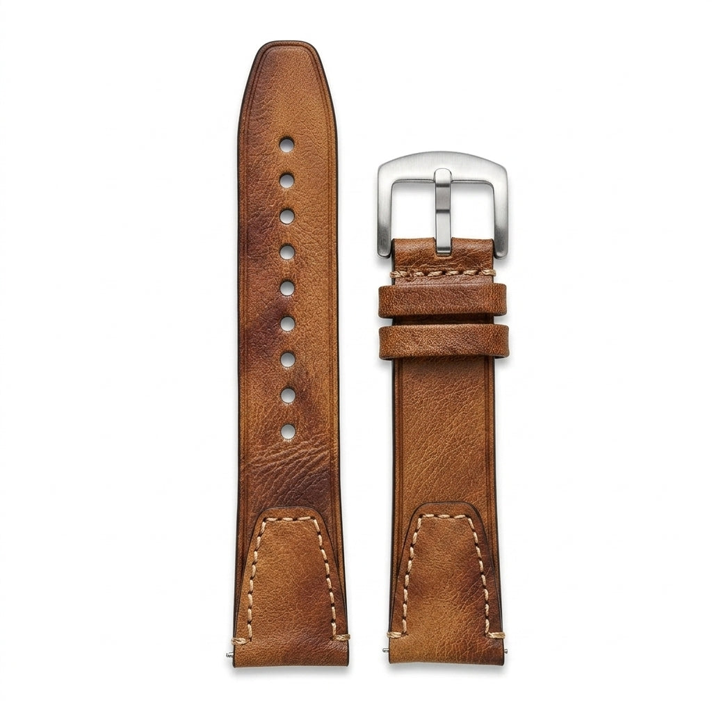 Premium 22mm Vintage Tan Genuine Leather Watch Strap – Quick Release Hand-Stitched Band with Heavy Duty Stainless Steel Buckle