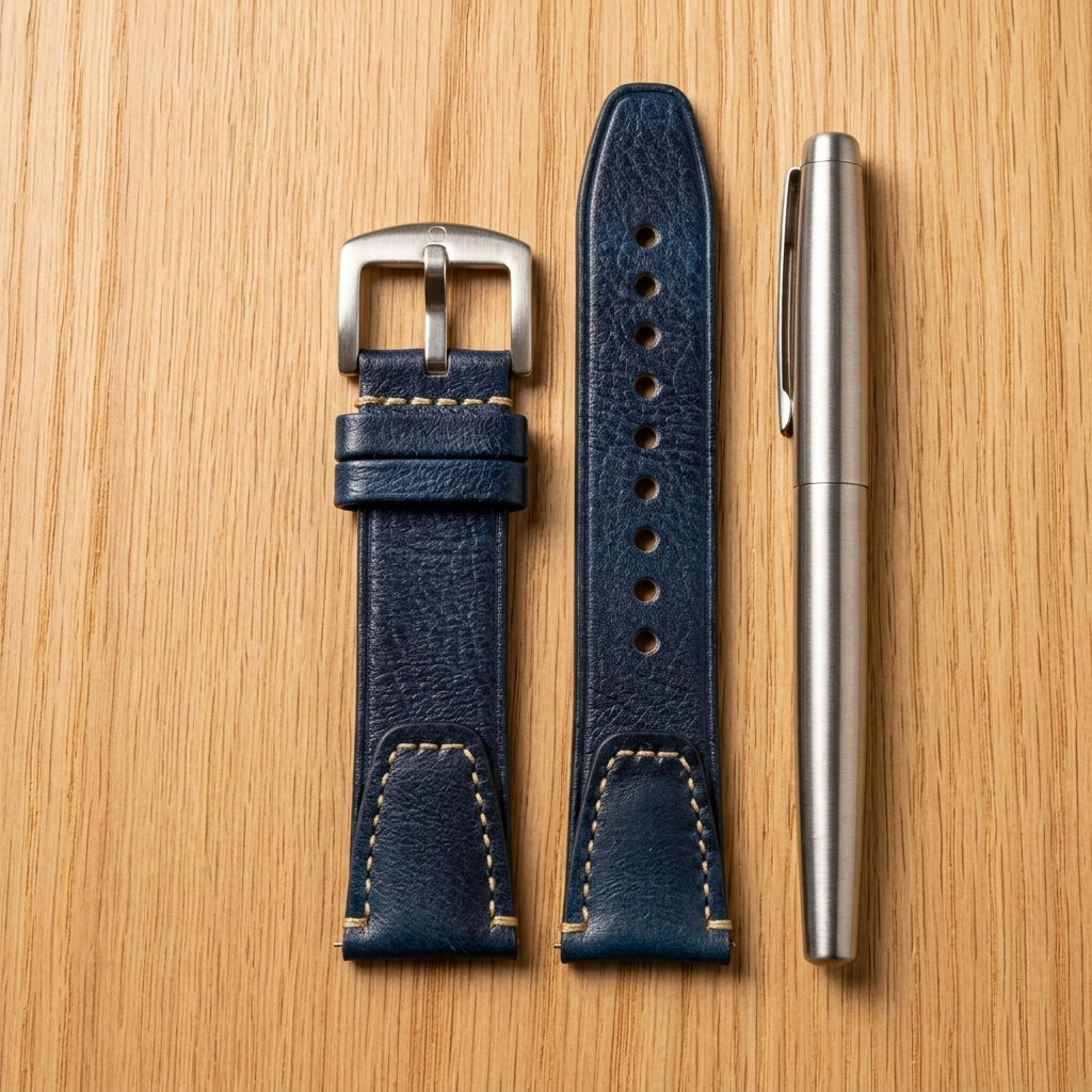 Premium 22mm Vintage Blue Genuine Leather Watch Strap – Quick Release Hand-Stitched Band with Heavy Duty Stainless Steel Buckle