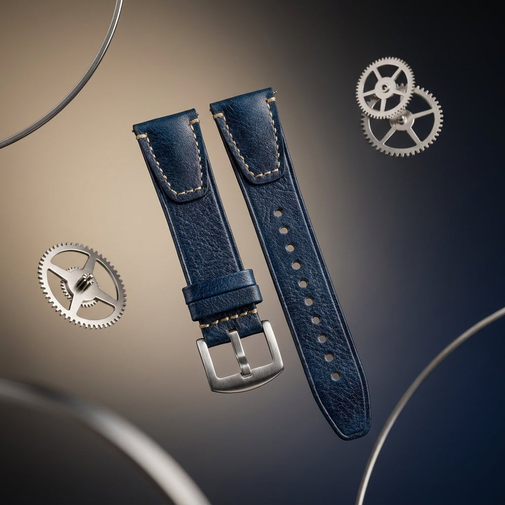 Premium 22mm Vintage Blue Genuine Leather Watch Strap – Quick Release Hand-Stitched Band with Heavy Duty Stainless Steel Buckle
