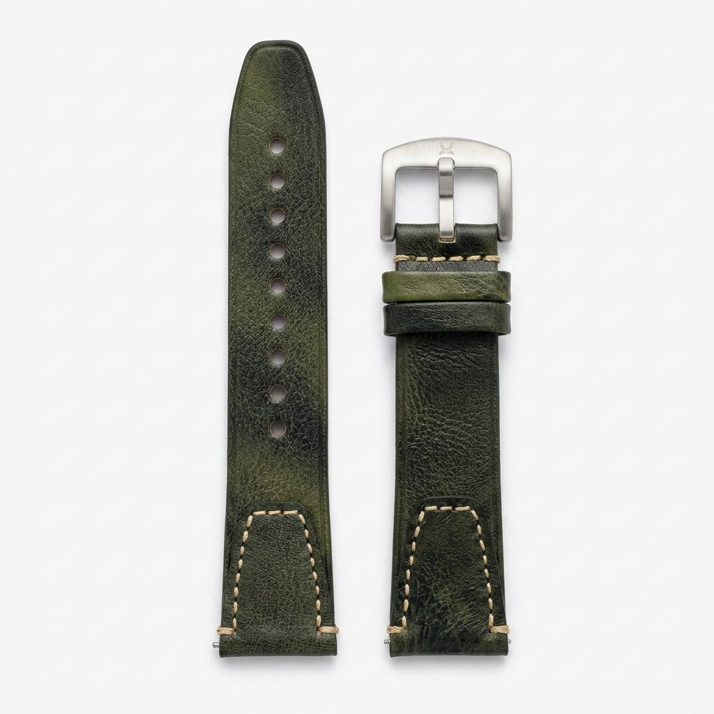 Premium 22mm Vintage Green Genuine Leather Watch Strap – Quick Release Hand-Stitched Band with Heavy Duty Stainless Steel Buckle