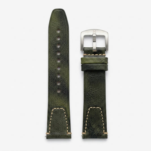 Premium 22mm Vintage Green Genuine Leather Watch Strap – Quick Release Hand-Stitched Band with Heavy Duty Stainless Steel Buckle