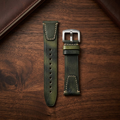 Premium 22mm Vintage Green Genuine Leather Watch Strap – Quick Release Hand-Stitched Band with Heavy Duty Stainless Steel Buckle
