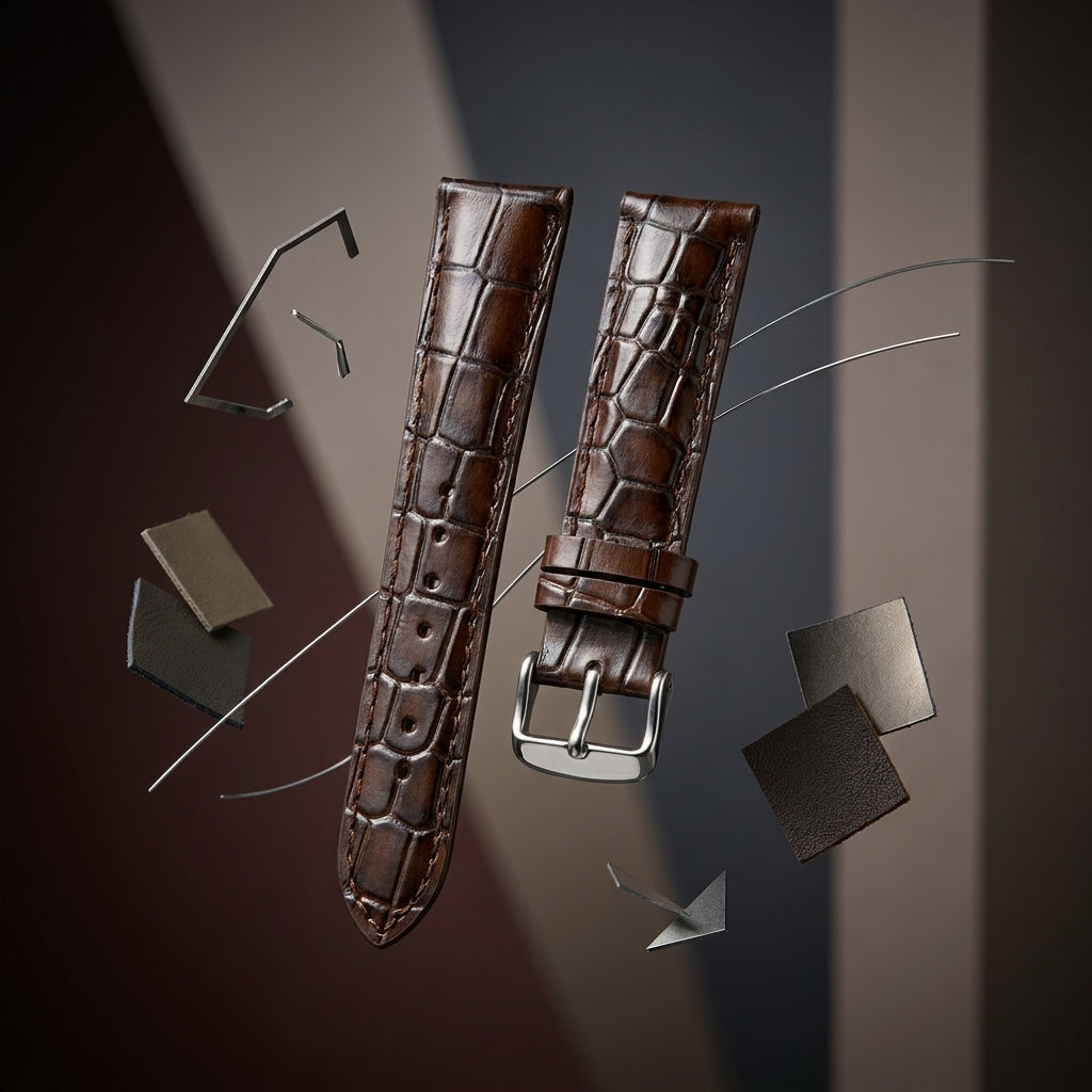 OMAX 20mm Dark Brown Genuine Leather Watch Strap with Croco Embossed Texture | Stainless Steel Buckle | Quick Release