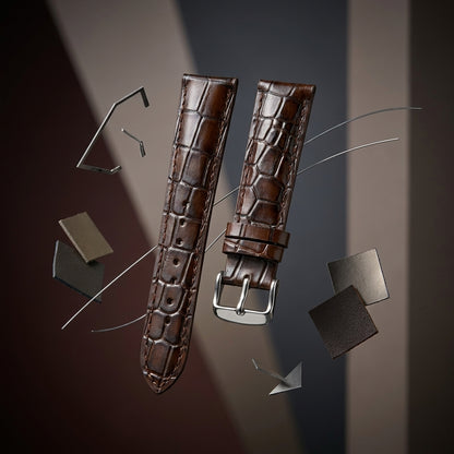 OMAX 20mm Dark Brown Genuine Leather Watch Strap with Croco Embossed Texture | Stainless Steel Buckle | Quick Release