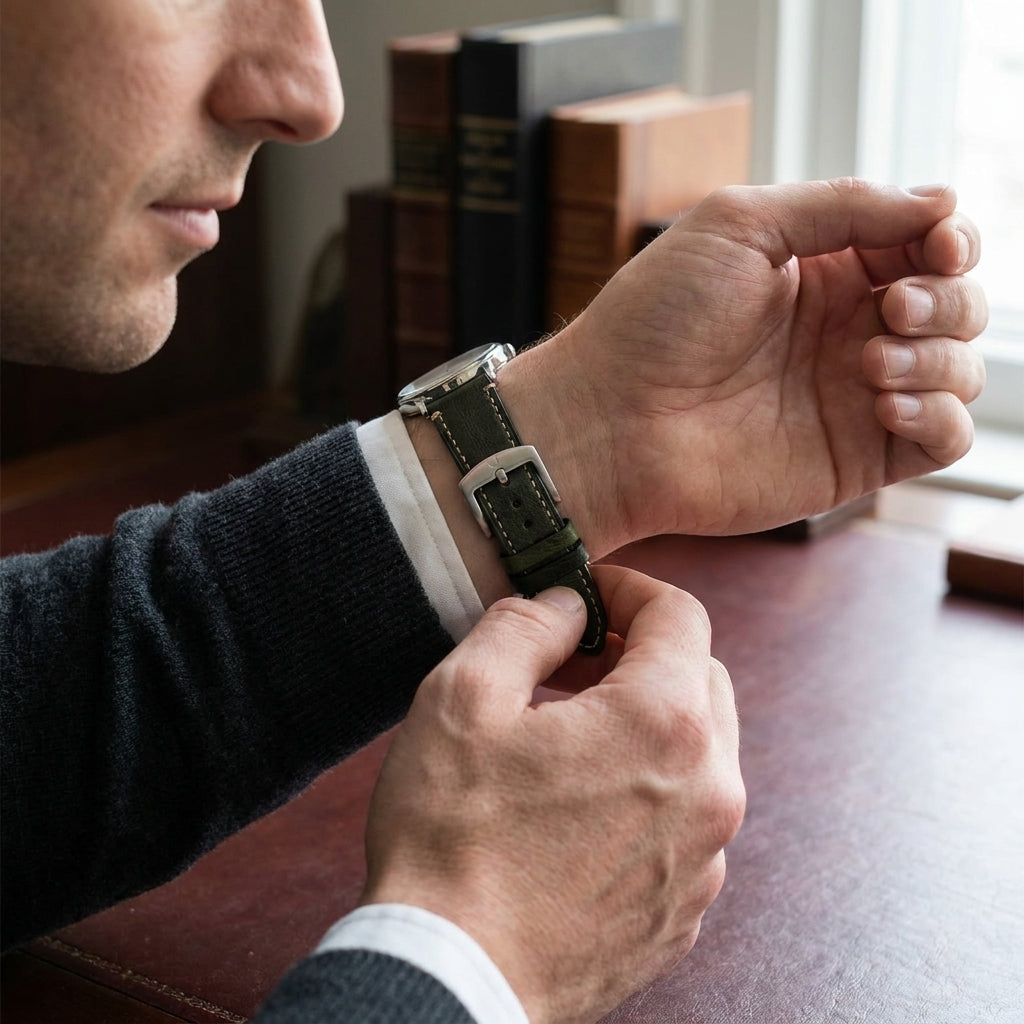 Premium 22mm Vintage Green Genuine Leather Watch Strap – Quick Release Hand-Stitched Band with Heavy Duty Stainless Steel Buckle