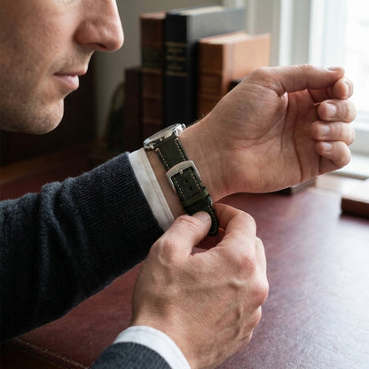 Premium 22mm Vintage Green Genuine Leather Watch Strap – Quick Release Hand-Stitched Band with Heavy Duty Stainless Steel Buckle