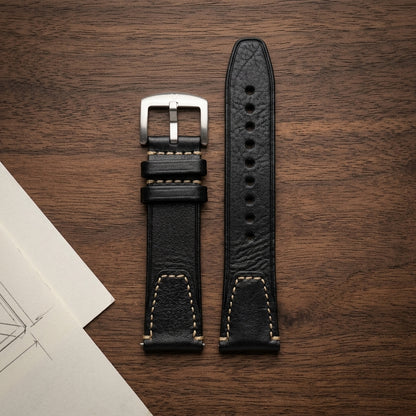 Premium 22mm Vintage Black Genuine Leather Watch Strap – Quick Release Hand-Stitched Band with Heavy Duty Stainless Steel Buckle