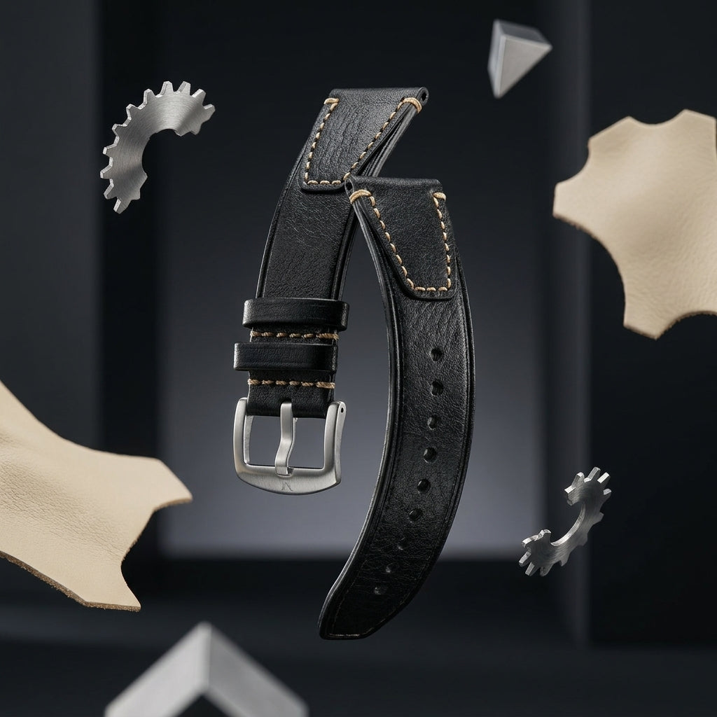 Premium 22mm Vintage Black Genuine Leather Watch Strap – Quick Release Hand-Stitched Band with Heavy Duty Stainless Steel Buckle