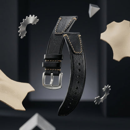 Premium 22mm Vintage Black Genuine Leather Watch Strap – Quick Release Hand-Stitched Band with Heavy Duty Stainless Steel Buckle